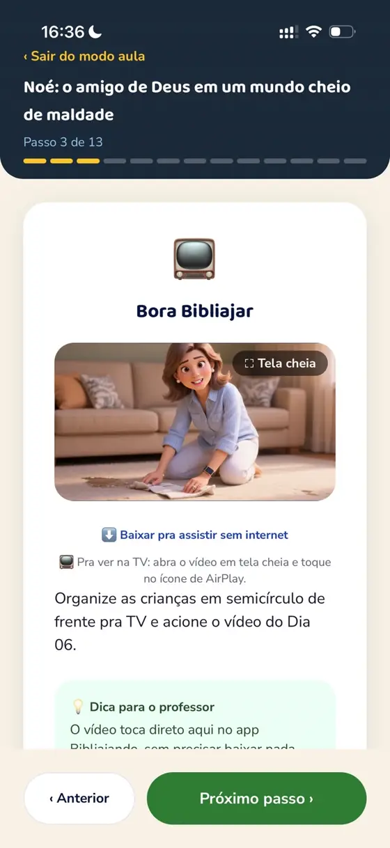 Conduzir a aula no app: vídeo animado com opção de baixar e ver na TV