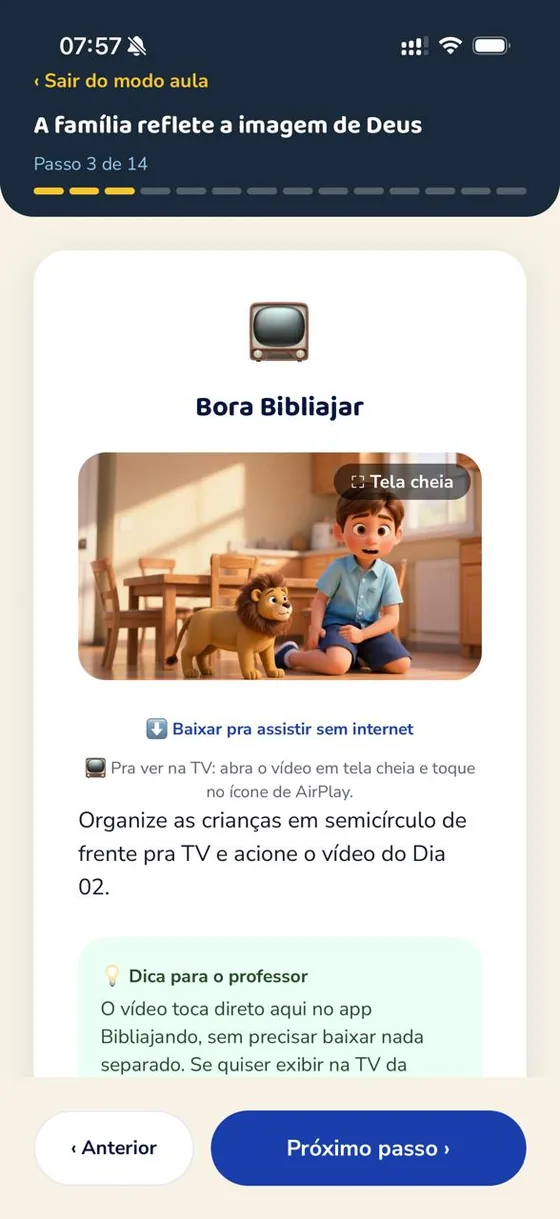 Conduzir a aula no app, com vídeo e opção de baixar