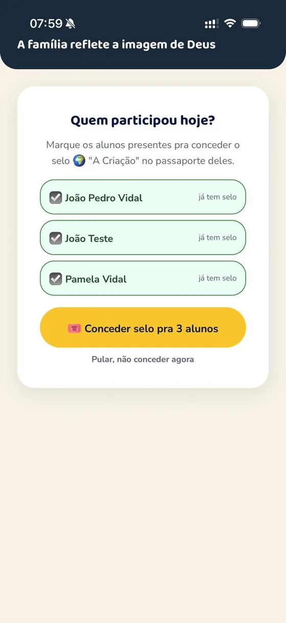 Passaporte digital, conceder selos aos alunos