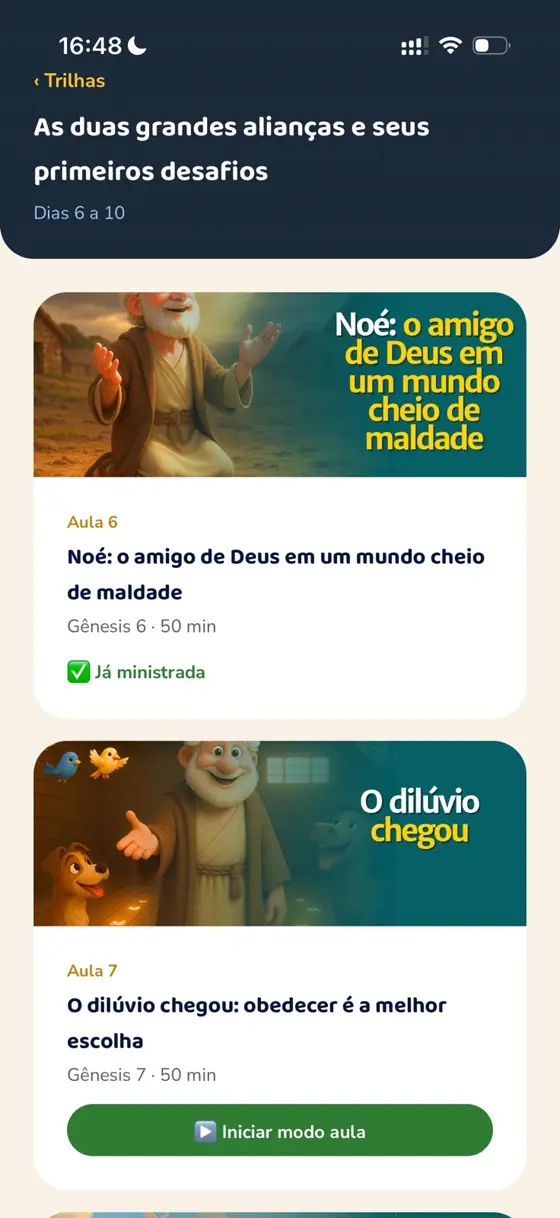 Lista de aulas da trilha, com aula já ministrada e botão de iniciar o modo aula