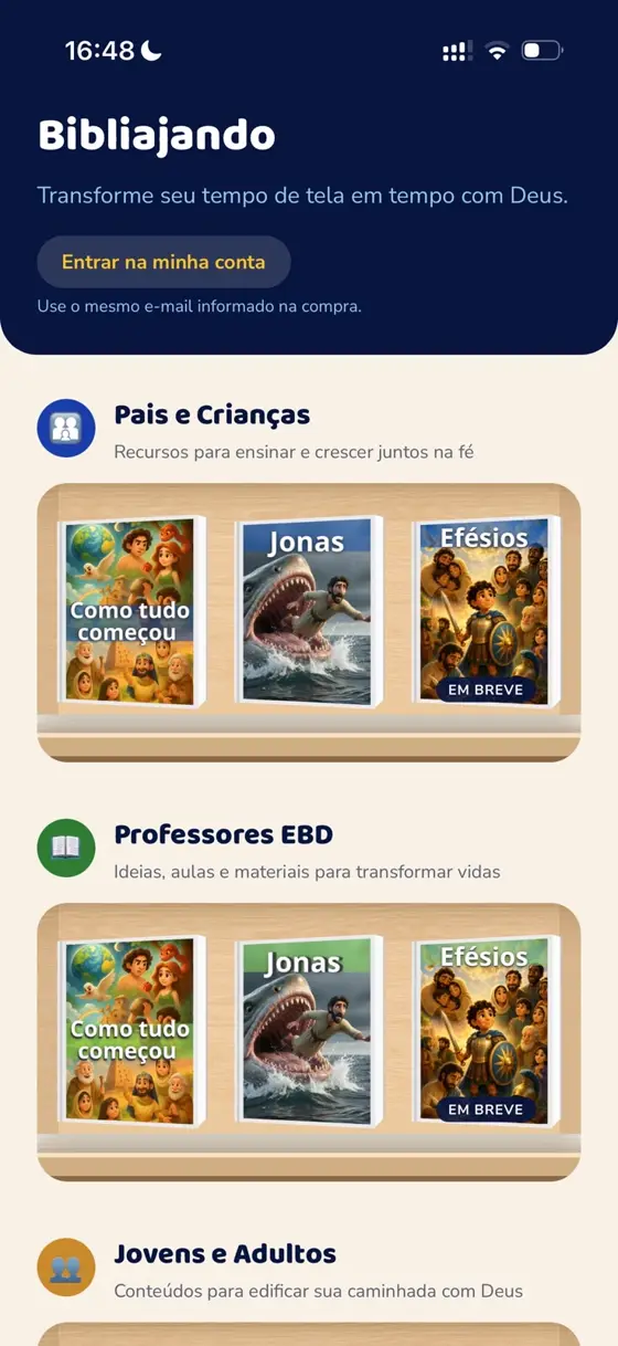 Menu inicial do app, com as estantes de produtos