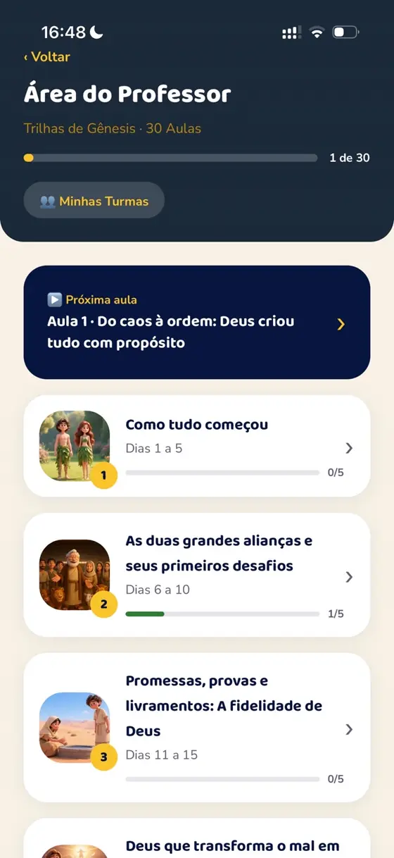 Área do Professor: trilhas de Gênesis com progresso das 30 aulas